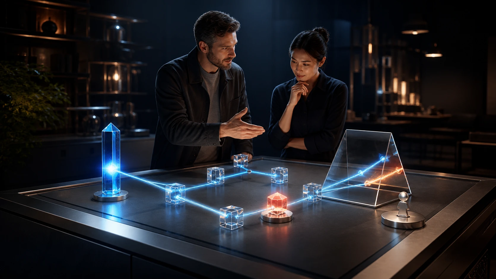 Two colleagues reviewing a physical evidence model that connects a source signal to a prioritised owner action.