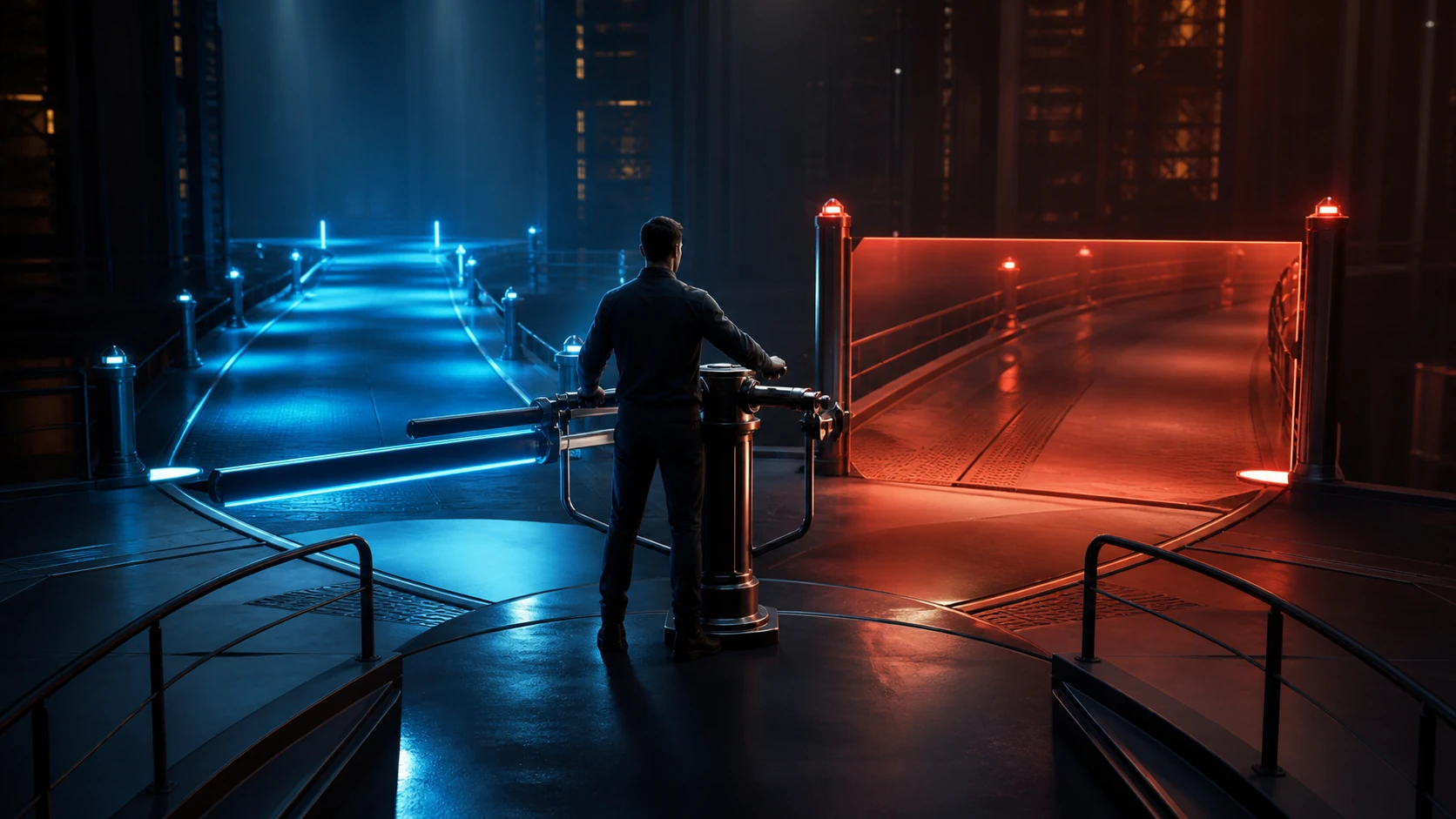 A human operations lead controlling the boundary between a safe open route and an uncertain locked route.