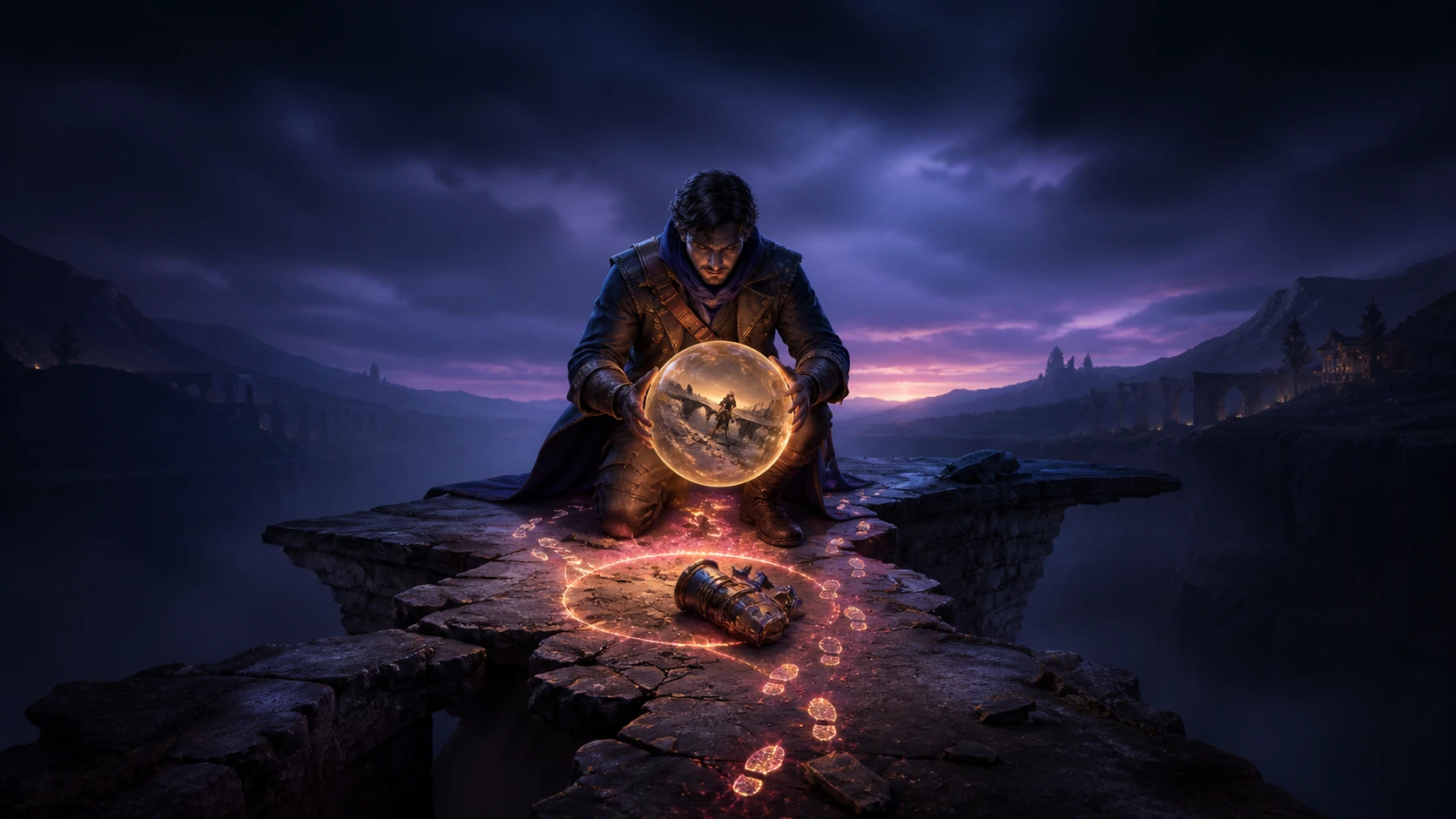 Concept art of a player preserving a broken bridge, evidence trail and surrounding context inside a memory lens.