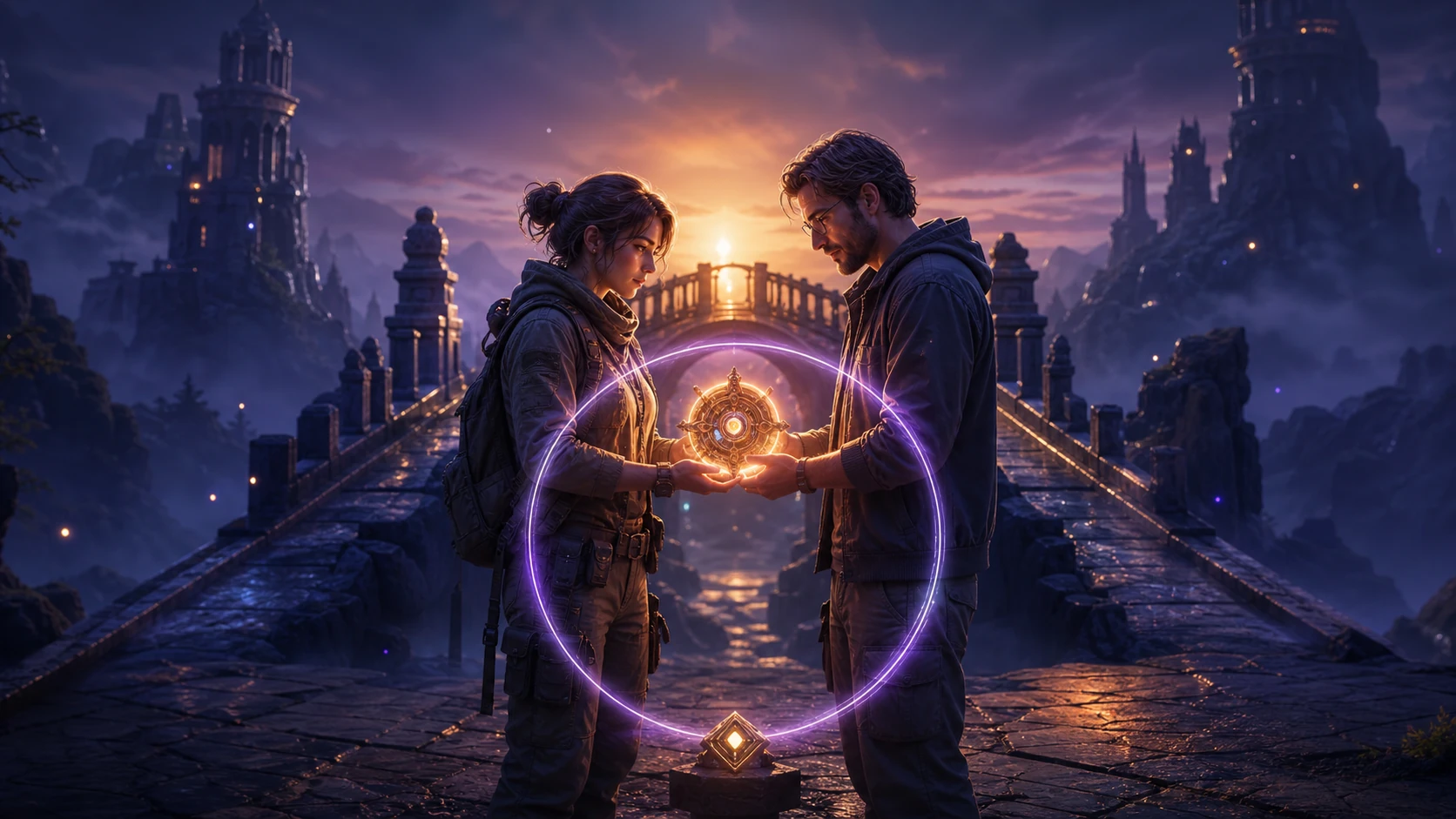Concept art of a player and developer completing a closed light ring around a repaired artifact at the restored bridge.