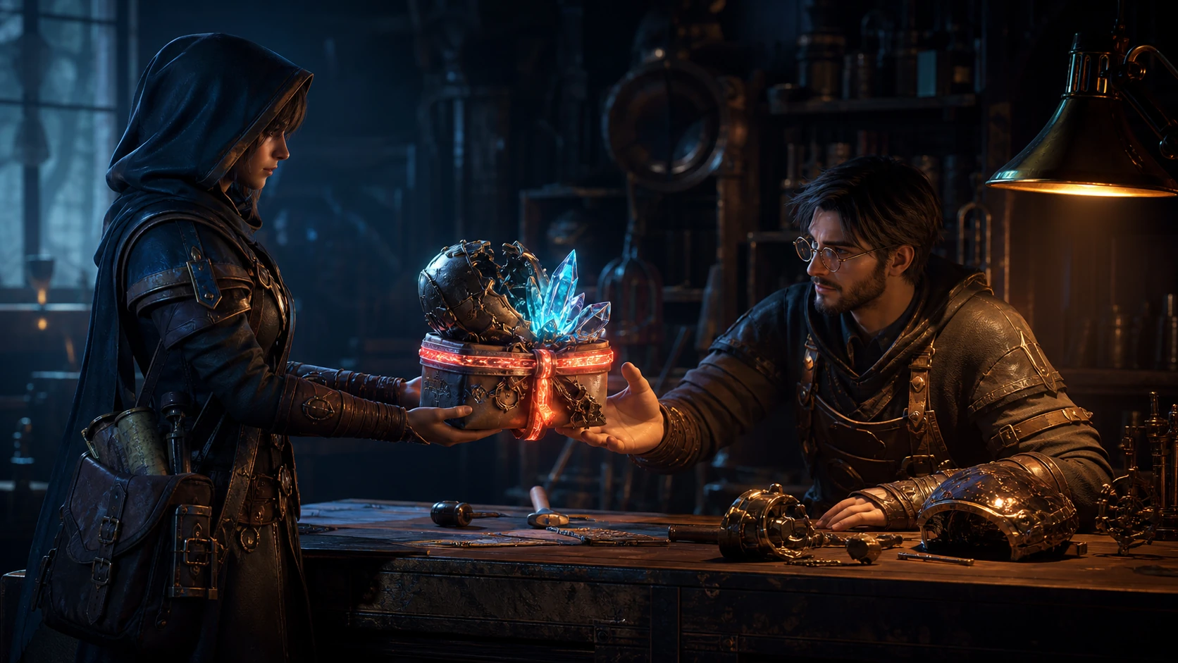 Concept art of a community courier handing a damaged game-world artifact to a developer craftsperson.