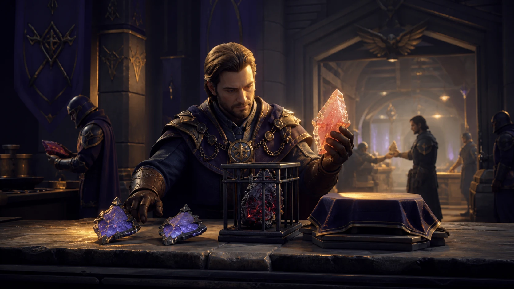 Concept art of a moderator inspecting duplicate, invalid and valid bug-evidence artifacts at a guild checkpoint.