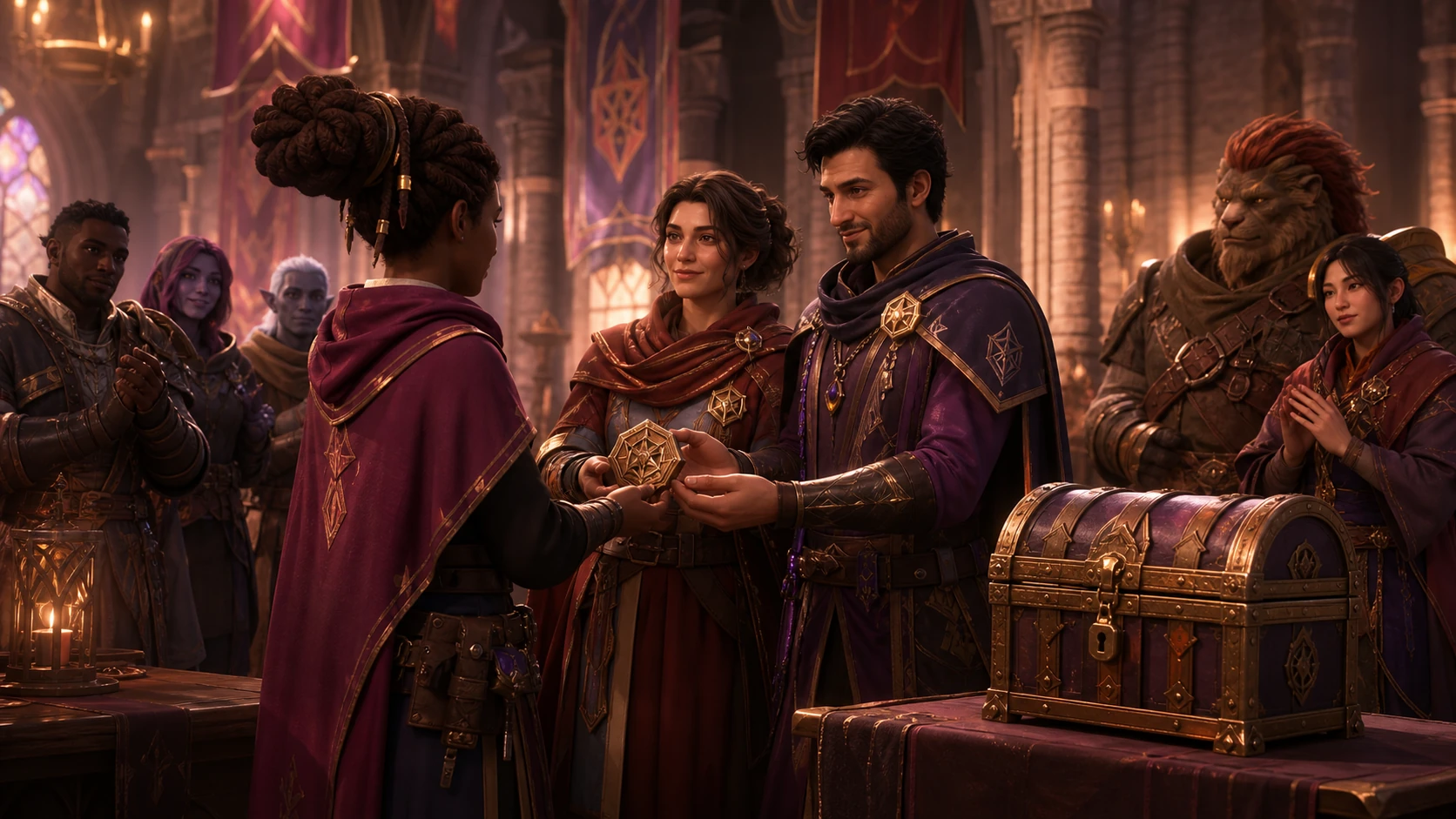 Concept art of a verified player contribution receiving human-approved recognition in a fantasy guild hall.